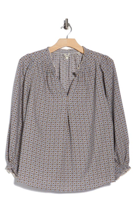 Split Neck Long Sleeve Crepe Top (Plus)