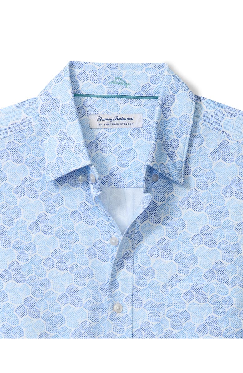 Tommy Bahama San Lucio Tri Leaf Geo Print IslandZone<sup>®</sup> Short Sleeve Button-Up Shirt, Alternate, color, Turkish Sea