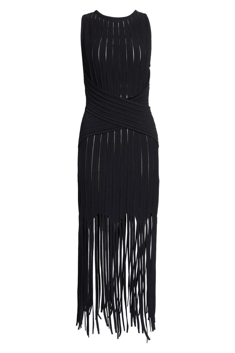 Fringed Pointelle Rib Sweater Dress, Alternate, color, 0PA BLACK