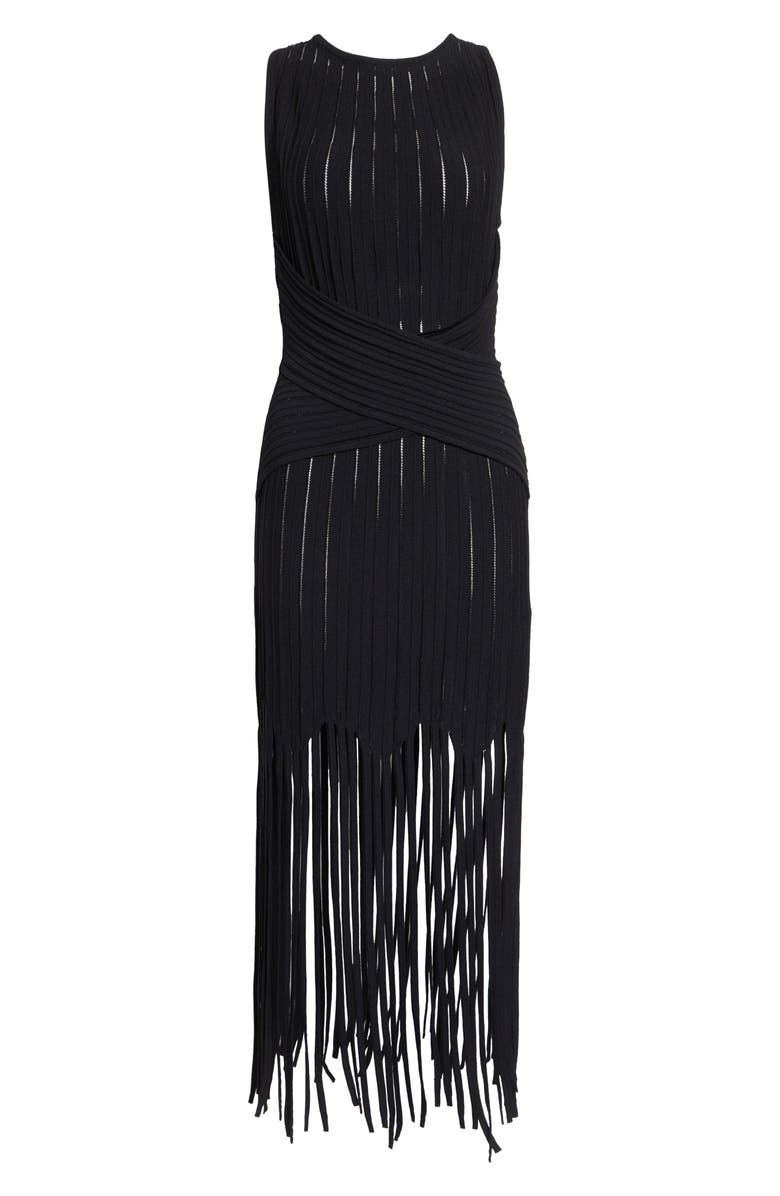 Balmain Fringed Pointelle Rib Sweater Dress, Main, color, 0Pa Black