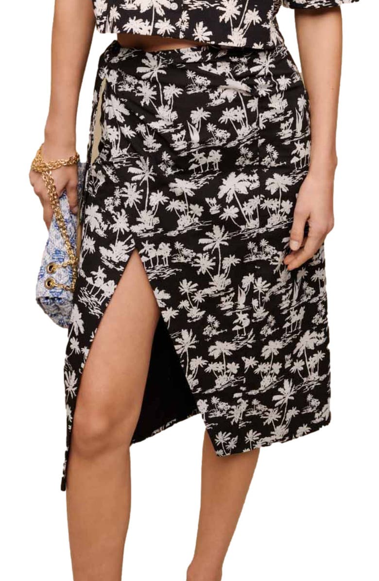 maje Palm Print Cotton Skirt, Alternate, color, Black Palm
