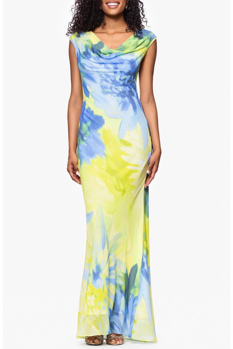 Abstract Floral Cowl Neck Chiffon Gown, Main, color, CITRINE