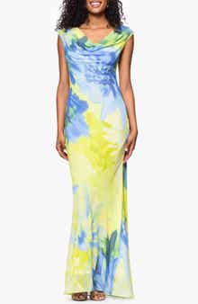 Betsy & Adam Abstract Floral Cowl Neck Chiffon Gown