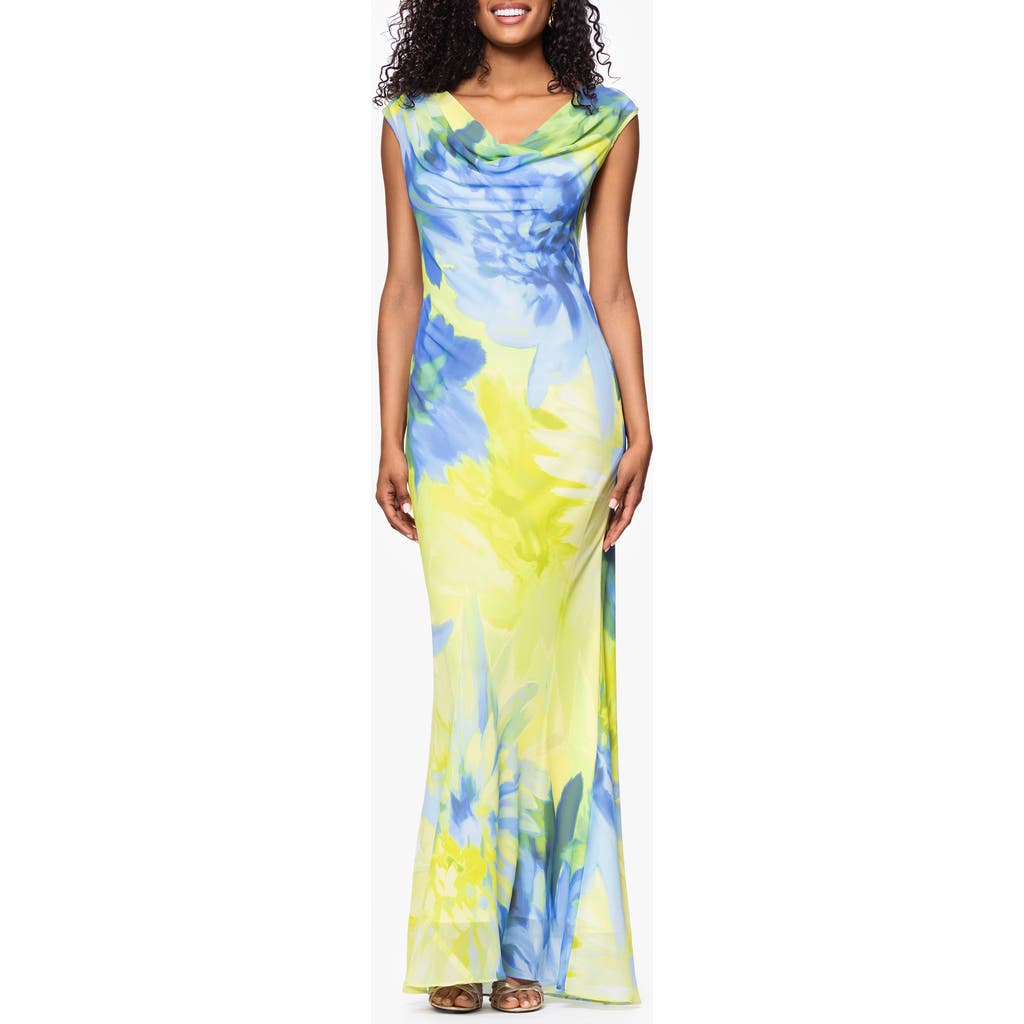 Betsy & Adam Women's Printed Cowlneck Sleeveless Gown In Citrine