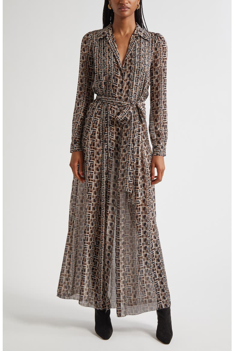 Klaudia Print Tie Waist Long Sleeve Silk Maxi Shirtdress, Main, color, BLACK MULTI L GEO PRINT