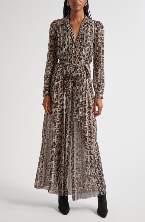 Klaudia Print Tie Waist Long Sleeve Silk Maxi Shirtdress