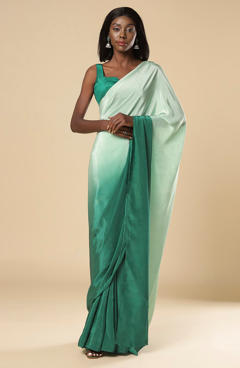 One Minute Saree<sup>®</sup> Cerah Green & Mint Ombre Satin Pre-Draped Ready to Wear Sari, Main, color, 