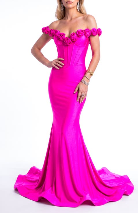 Rosette Off-Shoulder Corset Mermaid Gown