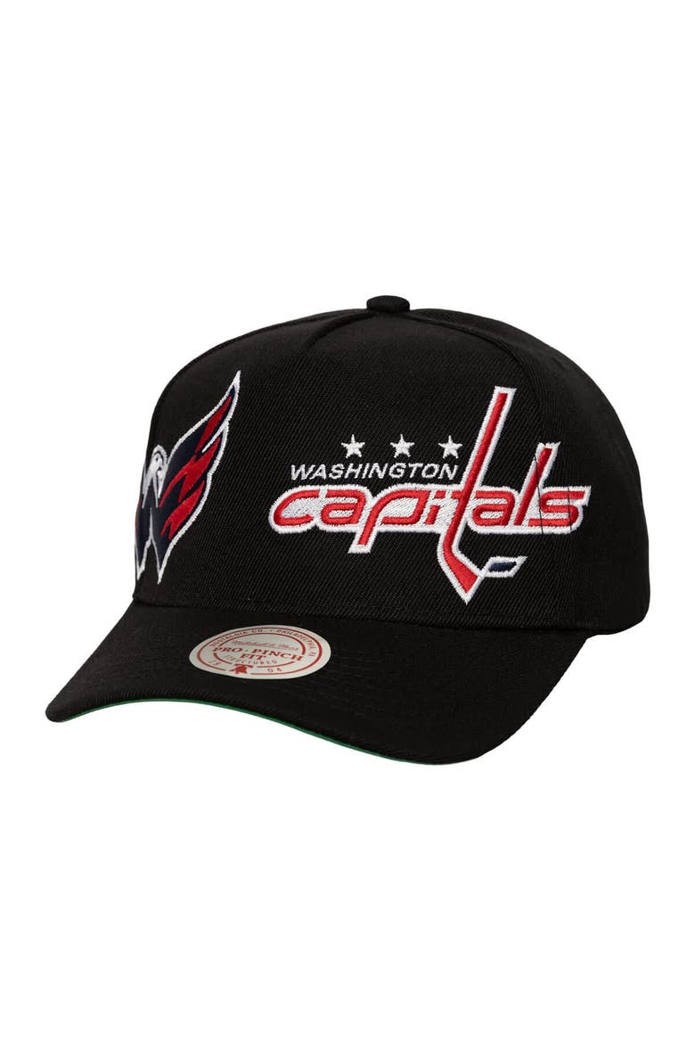 Men's Mitchell & Ness  Black Washington Capitals Busted Logo Wordmark Wrap-Around Pro Pinch Adjustable Hat, Main, color, Black