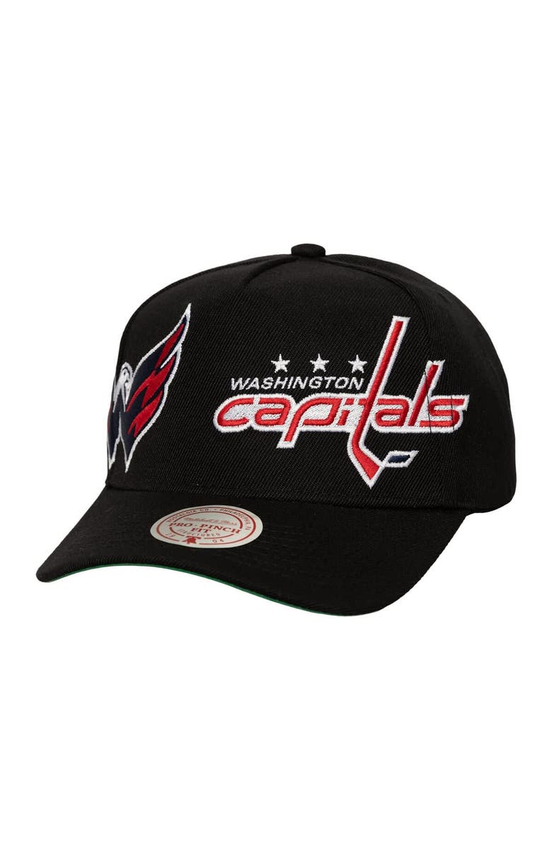 Mitchell & Ness Men's Mitchell & Ness Black Washington Capitals Busted Logo Wordmark Wrap-Around Pro Pinch Adjustable Hat, Main, color, Black