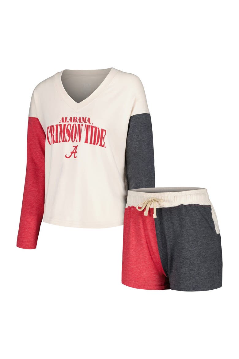 Women's Wes & Willy Cream Alabama Crimson Tide Colorblock Long Sleeve V-Neck T-Shirt and Shorts Set, Main, color, Cream