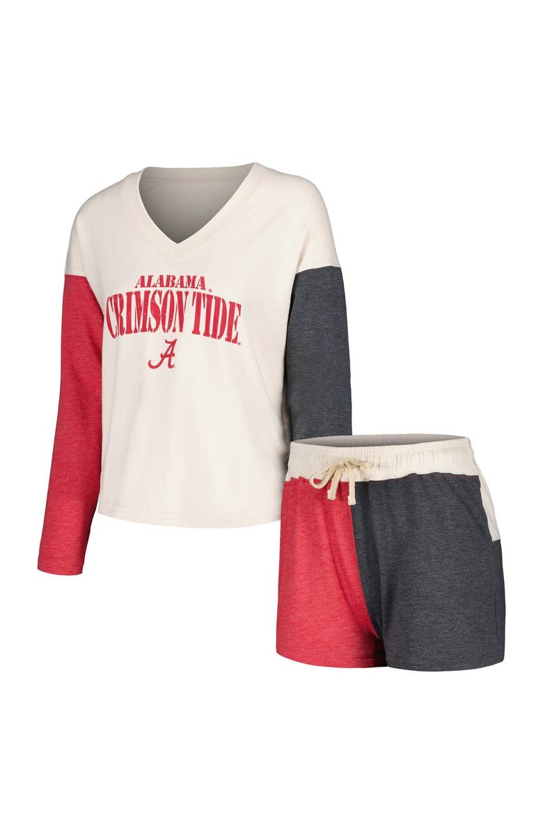 Wes & Willy Women's Wes & Willy Cream Alabama Crimson Tide Colorblock Long Sleeve V-Neck T-Shirt and Shorts Set, Main, color, 