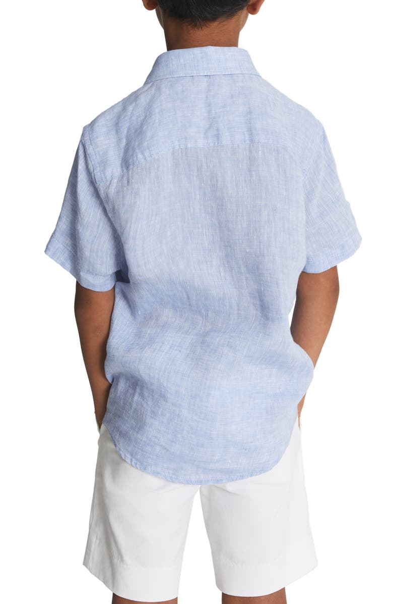 Reiss Kids' Holiday Jr. Short Sleeve Linen Button-Up Shirt, Alternate, color, Soft Blue