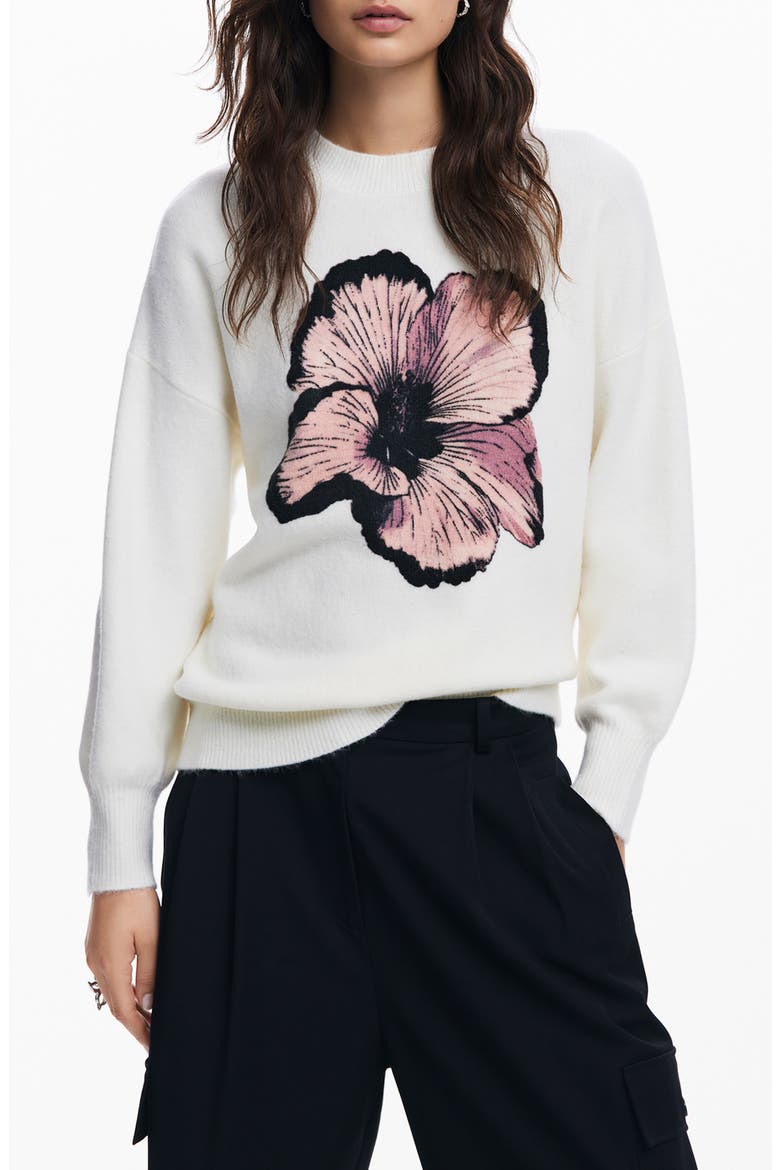 Playful Poppy Intarsia Sweater, Main, color, WHITE