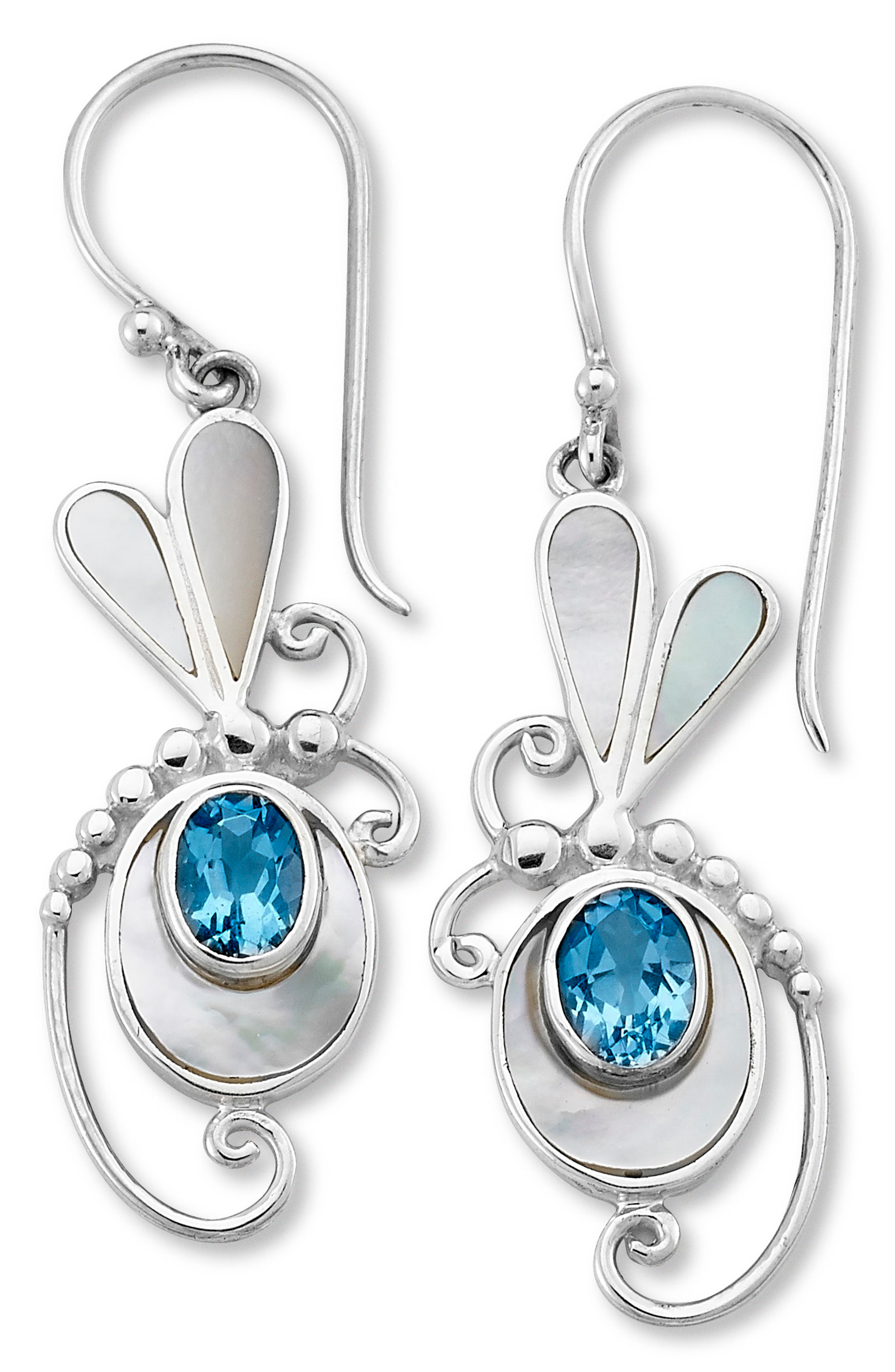 SAMUEL B. Blue Topaz & Mother-of-Pearl Dragonfly Drop Earrings