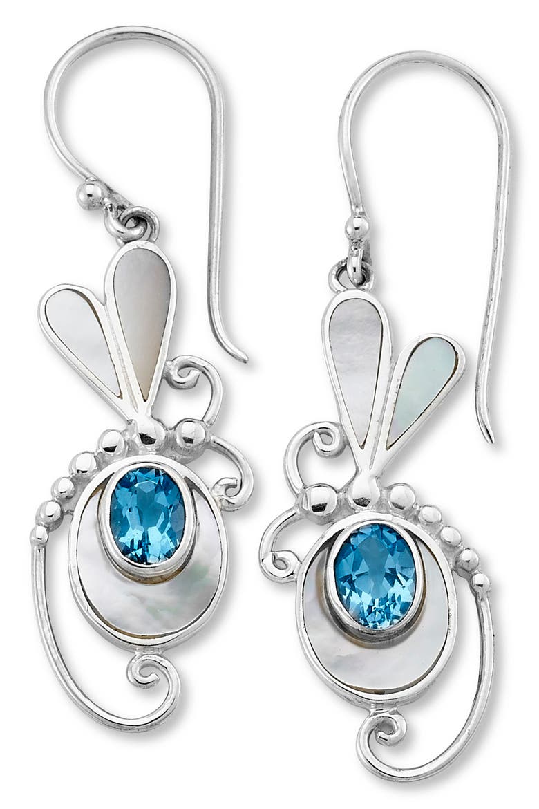 Blue Topaz & Mother-of-Pearl Dragonfly Drop Earrings, Main, color, WHITE/ BLUE TOPAZ