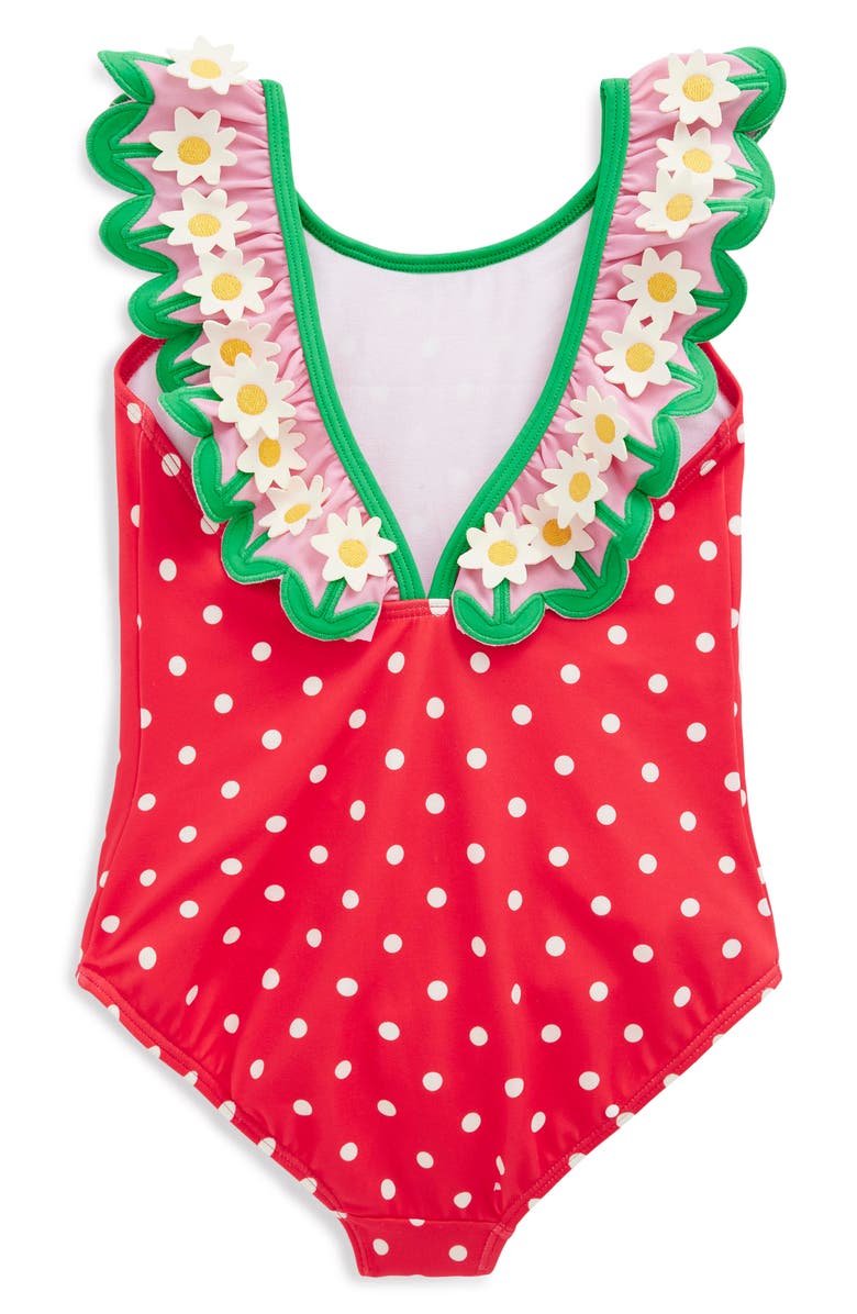 Mini Boden Hallie Frill Strap Swimsuit, Alternate, color, Red Spot Daisy