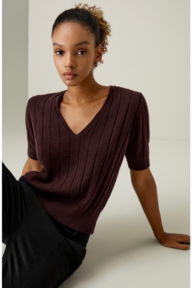 Women's V-Neck Cashmere T-shirt, Alternate, color, Fruitwood