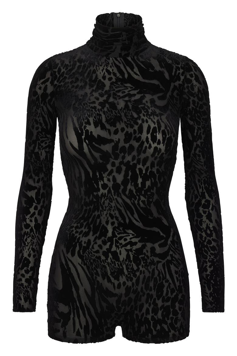 Burnout Mock Neck Long Sleeve Romper, Alternate, color, BLACK