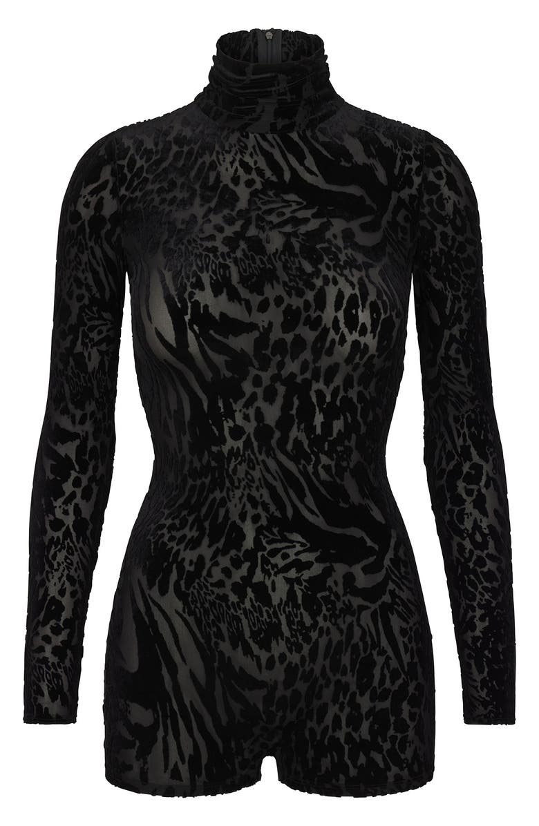 Naked Wardrobe Burnout Mock Neck Long Sleeve Romper, Alternate, color, Black