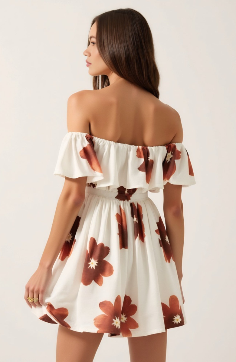 Modenaire Off-the-Shoulder Floral Ruffled Flared Mini Dress, Alternate, color, White / Brown Floral