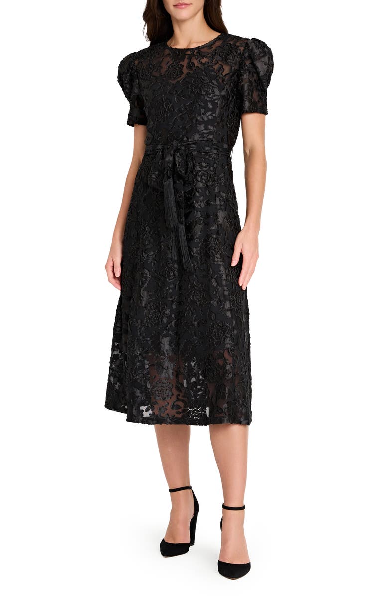 Tahari ASL Floral Burnout Puff Sleeve Midi Dress, Main, color, Black