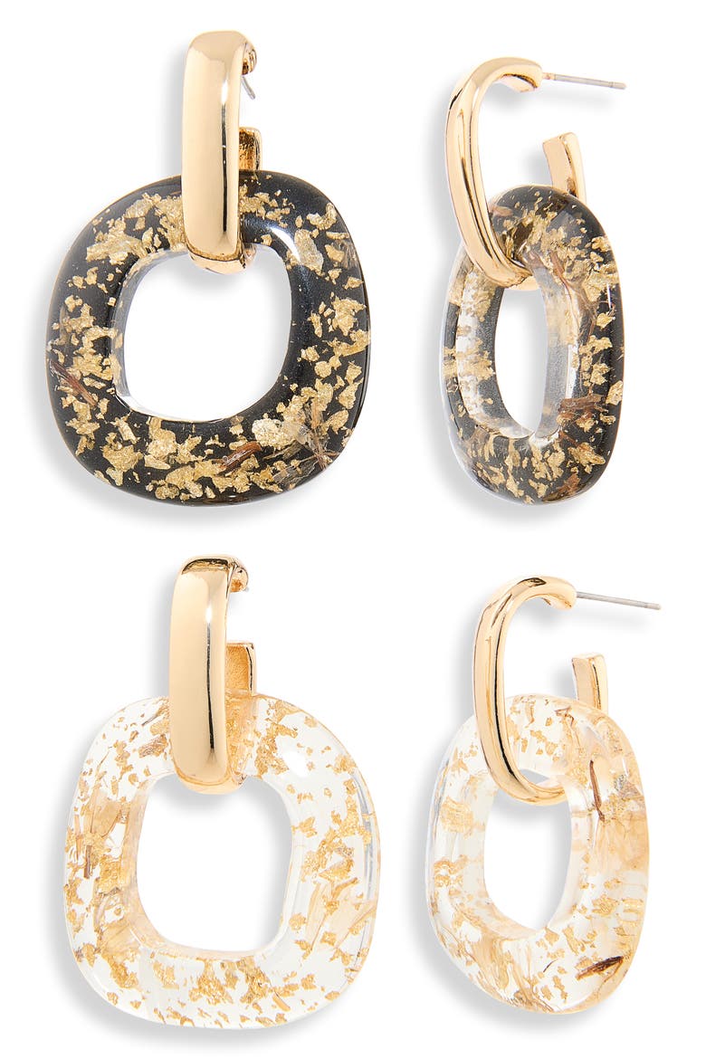 Resin Preserved Flower Drop Huggie Hoop Earrings, Main, color, NEUTRAL/ BLACK