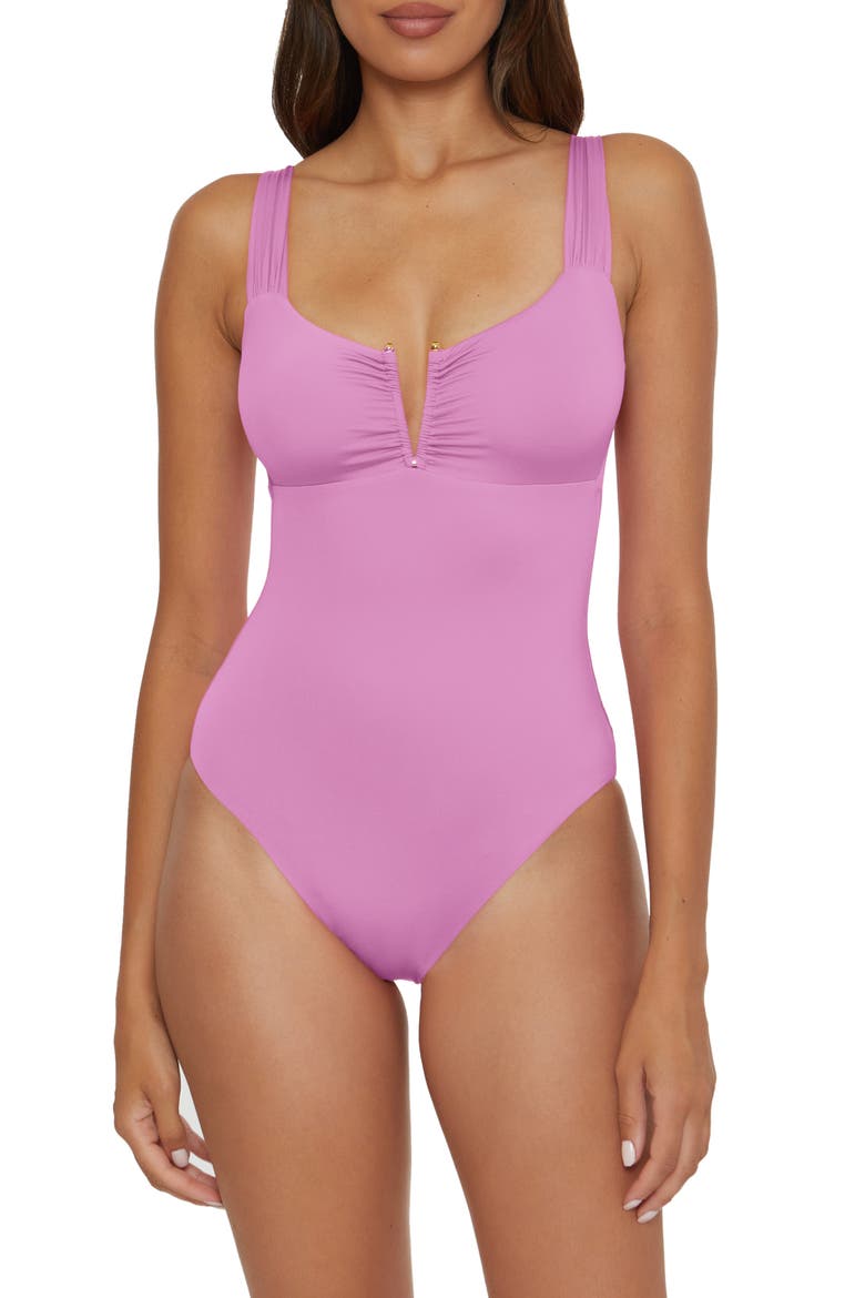 Shirred V-Wire One-Piece Swimsuit, Main, color, ORCHID