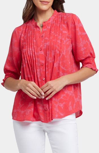 Nydj Pleated Peasant Blouse In Burgundy