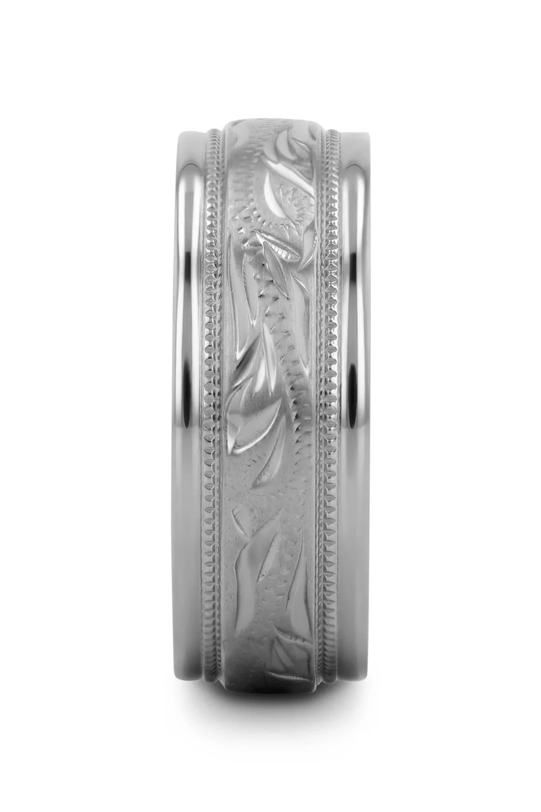 MARINER Titanium Milgrain Engraved Finish Wedding Ring, Alternate, color, Silver / Blue 8mm