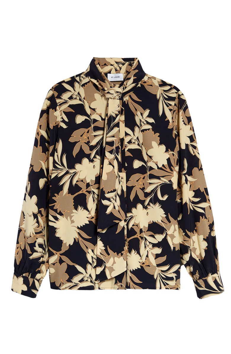 ST. JOHN Floral Print Tie Neck Silk Blend Blouse, Alternate, color, 