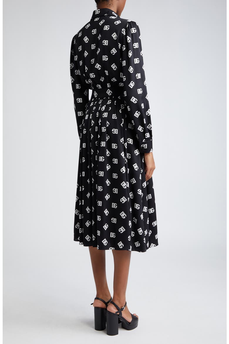Pleated Monogram Logo Long Sleeve Stretch Silk Charmeuse Midi Dress, Alternate, color, BLACK