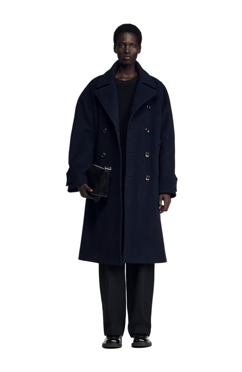 SANDRO Double-breasted wool coat, Alternate, color, Navy Blue