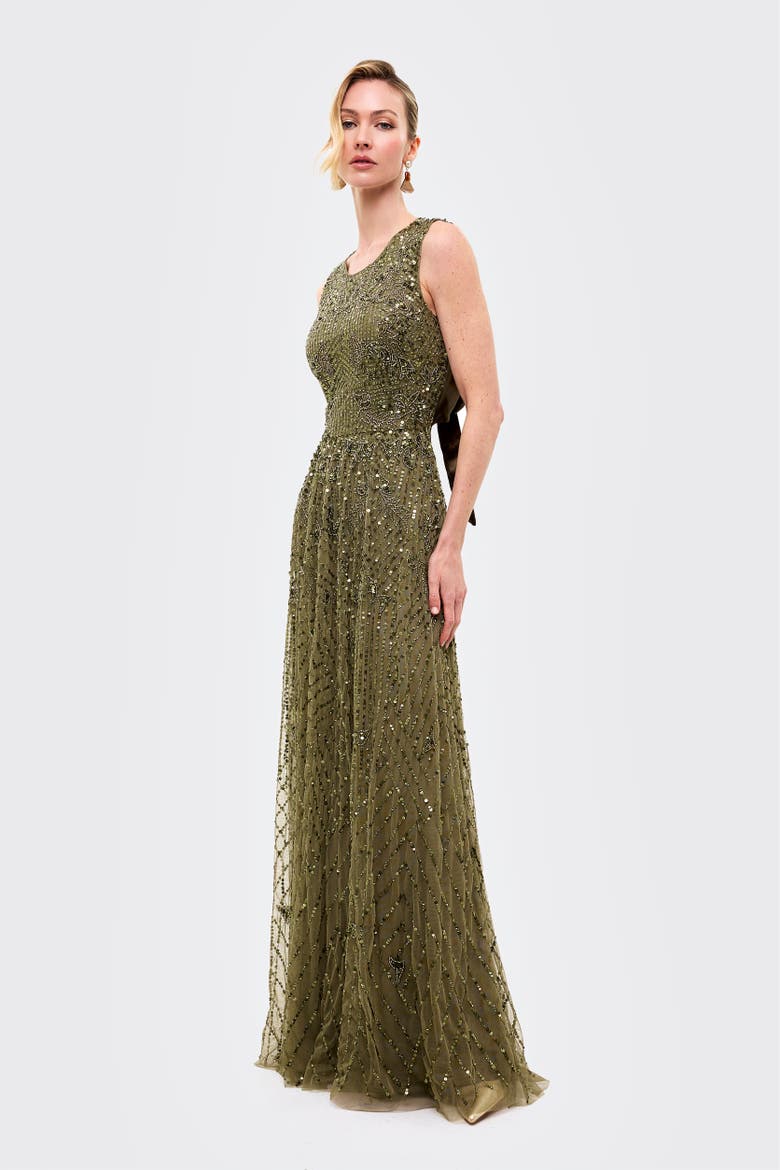 Embellished Sequins Back Satin Bow, Alternate, color, Khaki