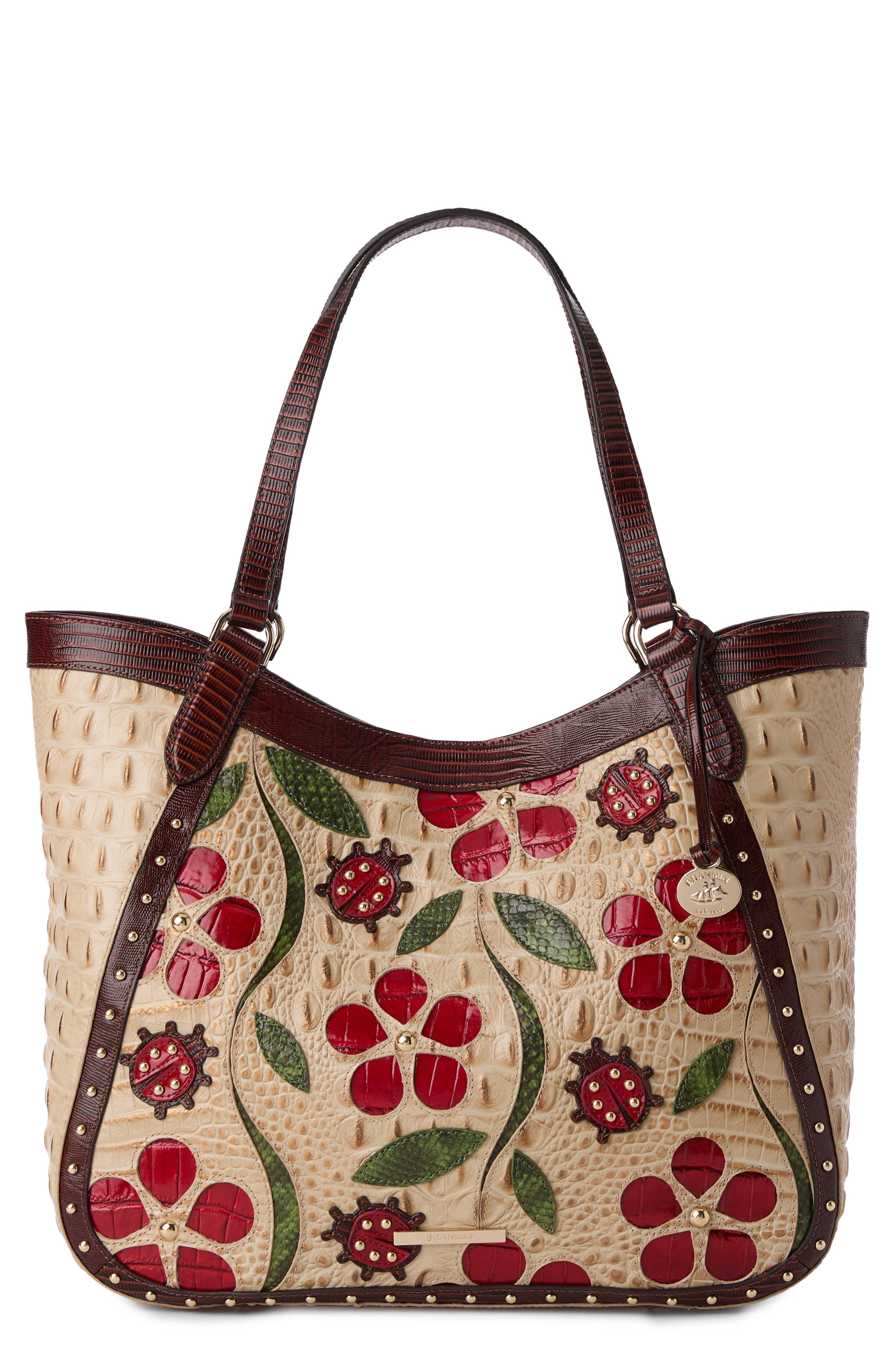 Brahmin Aliza Floral Appliqué Croc Embossed Leather Tote, Main, color, 