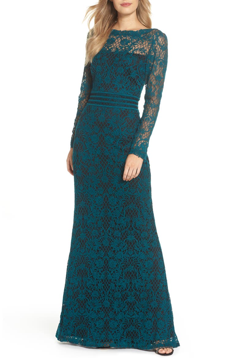 Embroidered Lace Gown, Main, color, PINE/ BLACK