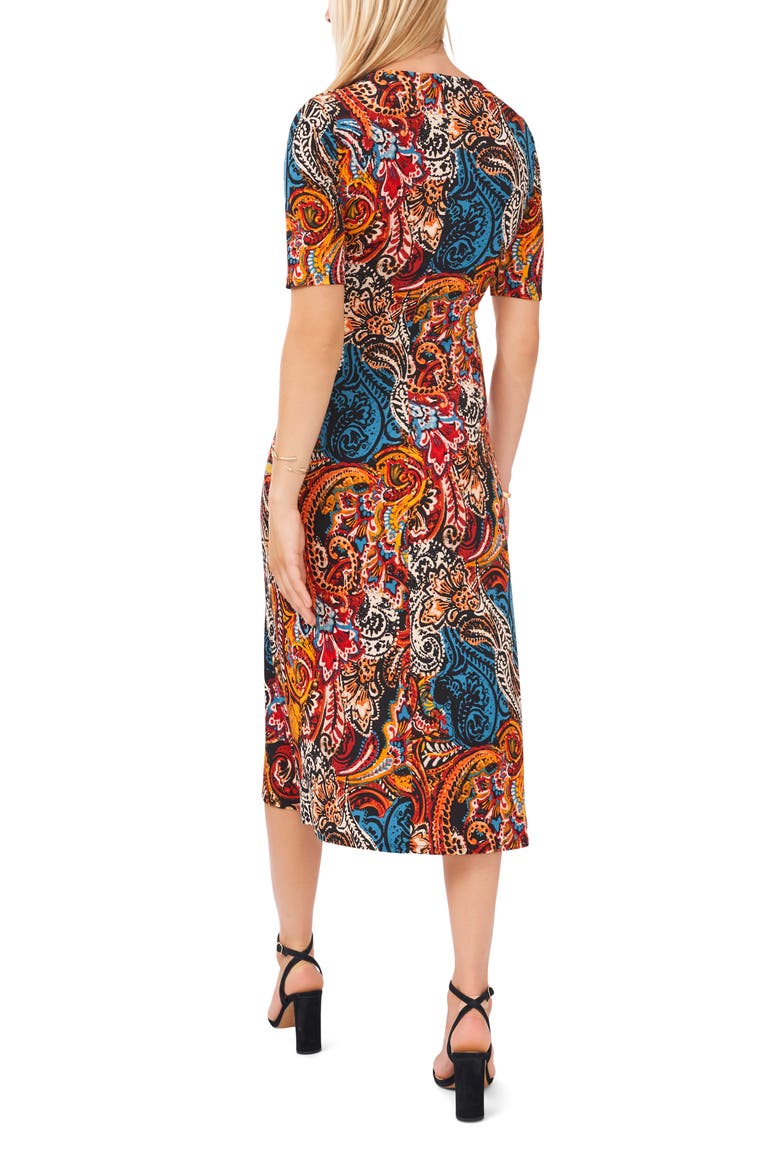 V-Neck Faux Wrap Midi Dress, Alternate, color, BLACK/TEAL/RUST
