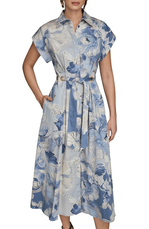 Print Tie Waist Midi Shirtdress