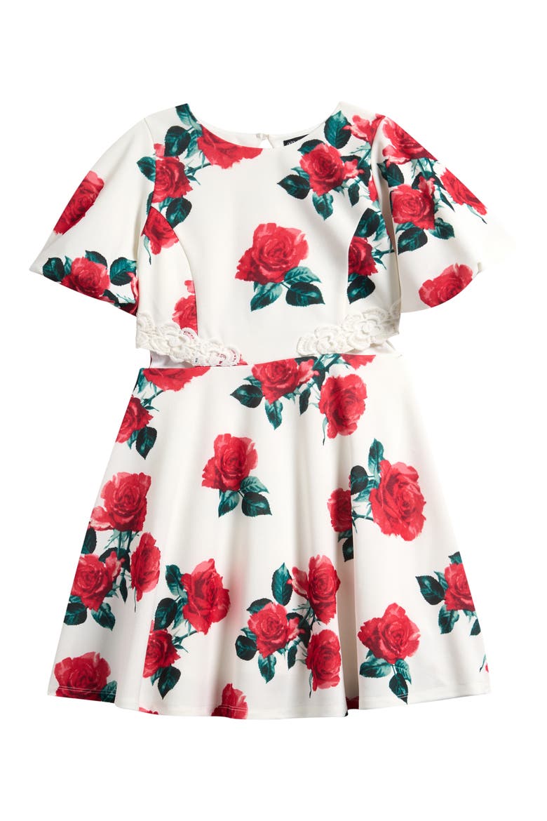 Kids' Floral Cutout Scuba Knit Dress, Main, color, IVORY ROSE