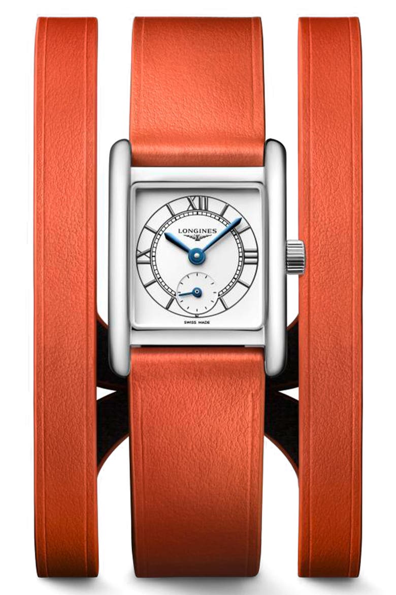 Mini DolceVita Three-Row Orange Leather Strap Watch, 21.5mm x 29mm, Main, color, SILVER/ ORANGE