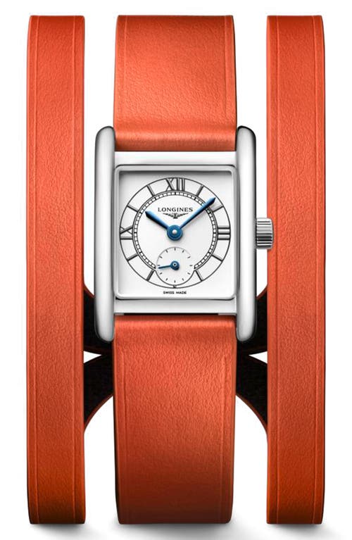 Longines Mini Dolcevita Three-row Orange Leather Strap Watch, 21.5mm X 29mm In Silver/orange