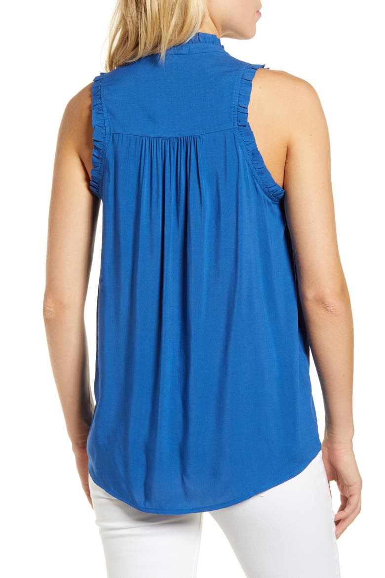 Gibson x International Women's Day Living in Yellow Ruffle Trim Front Button Sleeveless Top, Alternate, color, DEEP BLUE