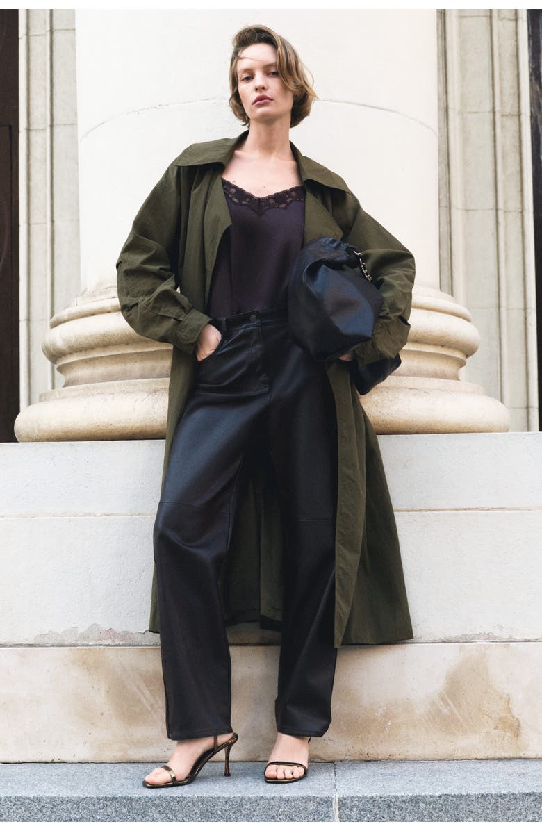 H&M Barrel-leg Coated Trousers, Alternate, color, Dark Brown