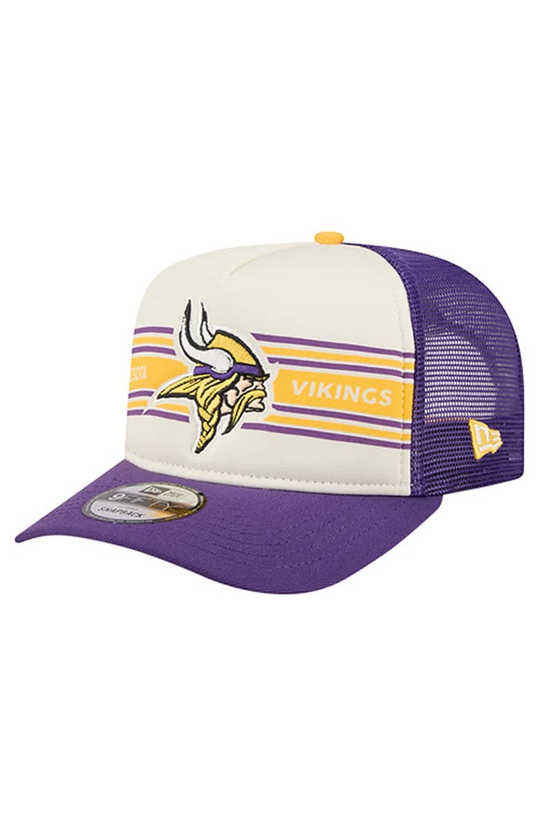 New Era Men
s New Era Cream/Purple Minnesota Vikings Banner A-Frame 9FIFTY Trucker Snapback Hat, Main, color, Cream