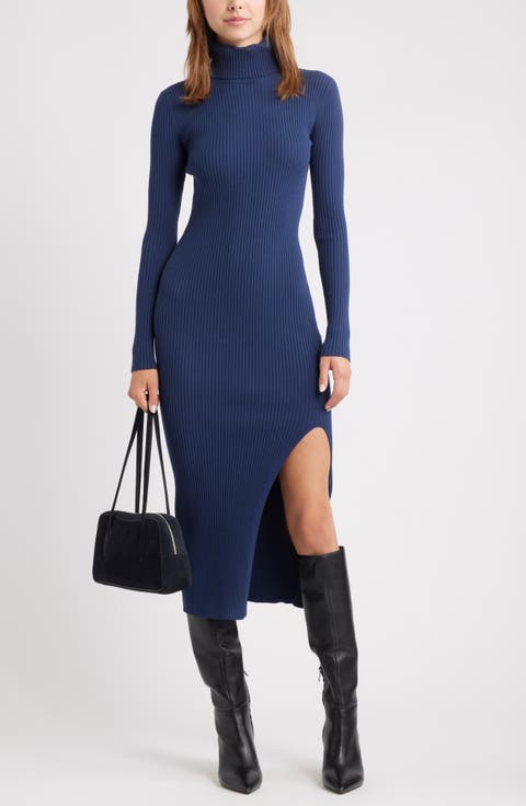 Rib Long Sleeve Turtleneck Sweater Dress