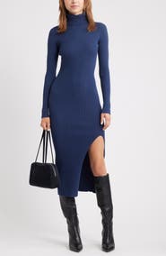 Open Edit Rib Long Sleeve Turtleneck Sweater Dress