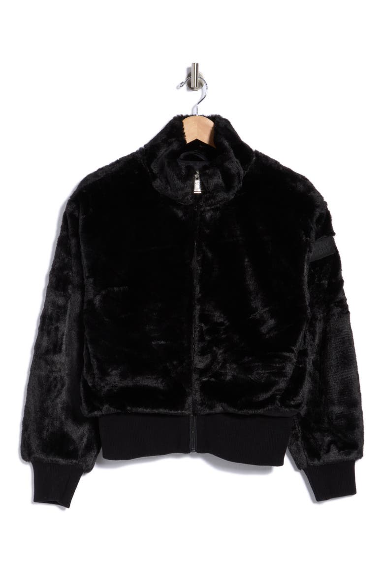 Faux Fur Mock Neck Jacket, Main, color, BLACK