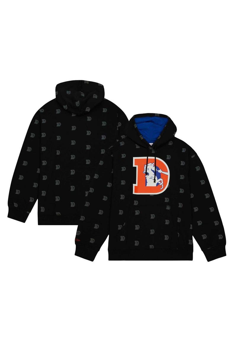 Men's Mitchell & Ness Black Denver Broncos Allover Print Fleece Pullover Hoodie, Main, color, Black