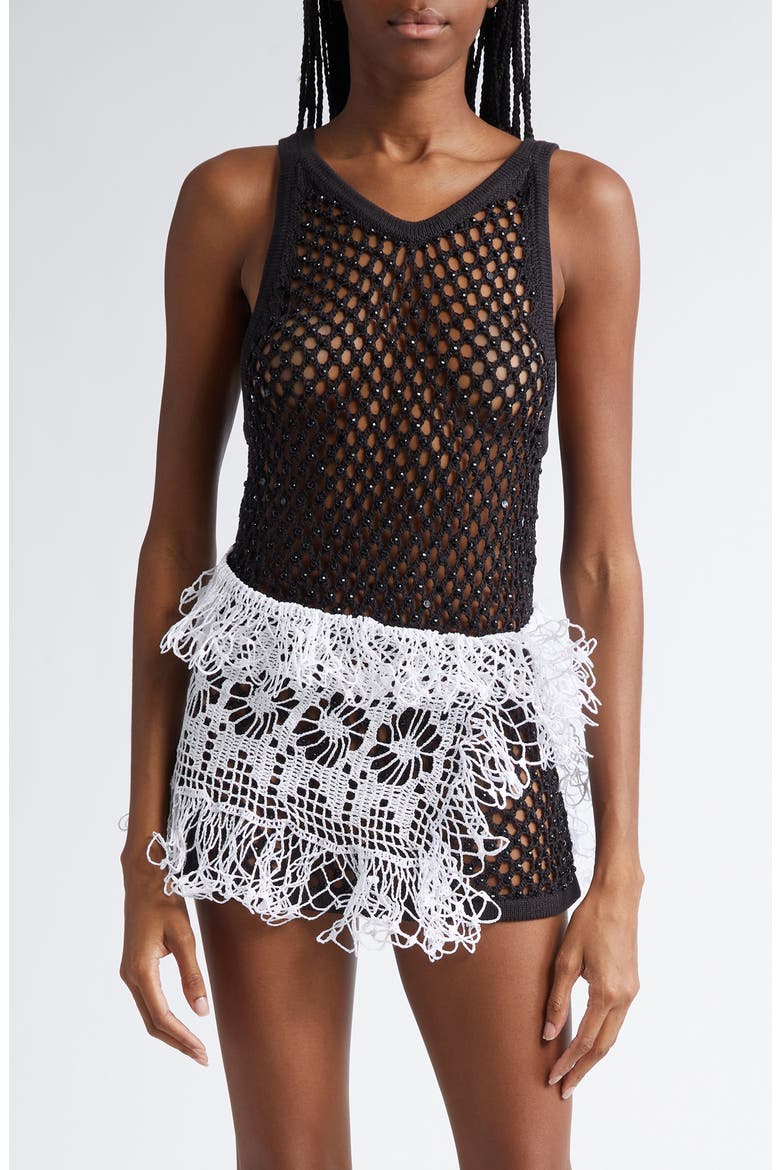 Trinity Marina Crystal Embellished Open Knit Sweater Tank, Main, color, BLACK