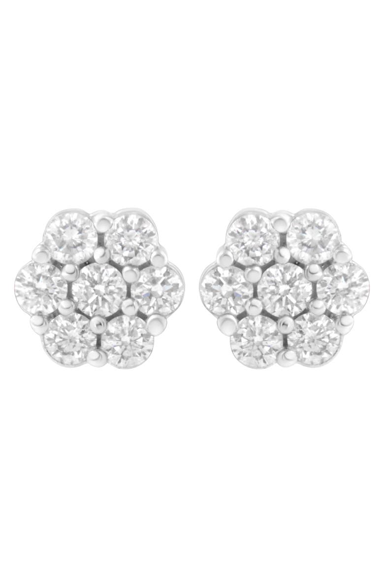 14K White Gold 3/4 Cttw 7 Stone Floral Cluster Diamond Stud Earrings, Main, color, White Gold